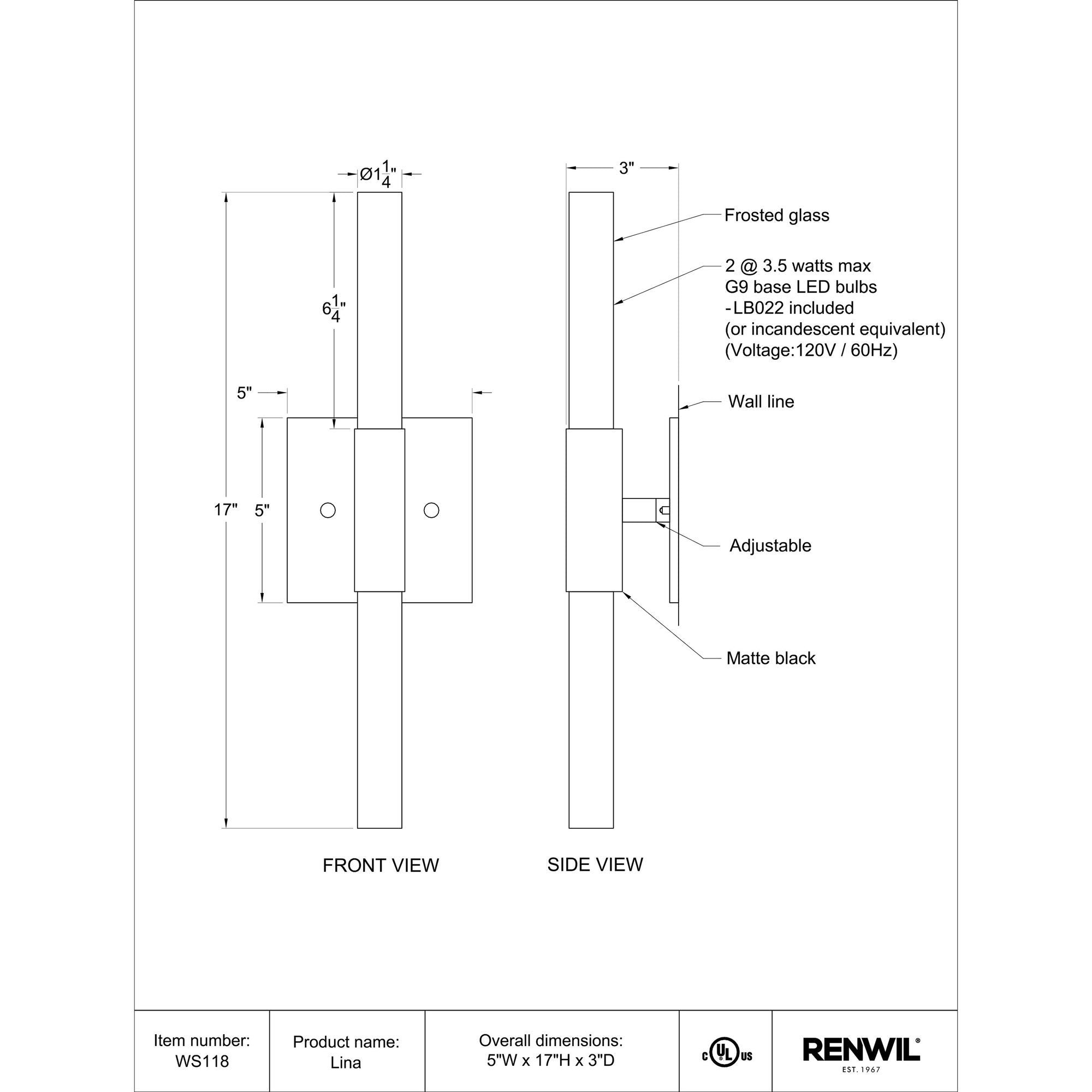 Lina wall sconce by Renwil, front and side views, matte black finish with frosted glass.