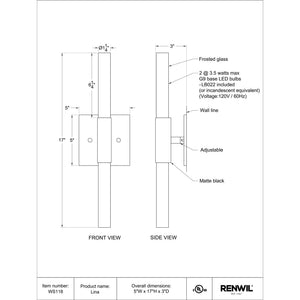 Lina wall sconce by Renwil, front and side views, matte black finish with frosted glass.