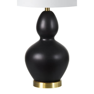 Kamilia Table Lamp Set highlighting the matte black ceramic base and brass accents.