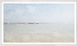 Serene Shallows II wall art featuring a calm seascape with a sailboat and soft blue tones.