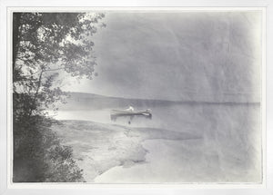 Indigo Stained – On the Calm wall art featuring a serene lake scene with a canoe and trees.