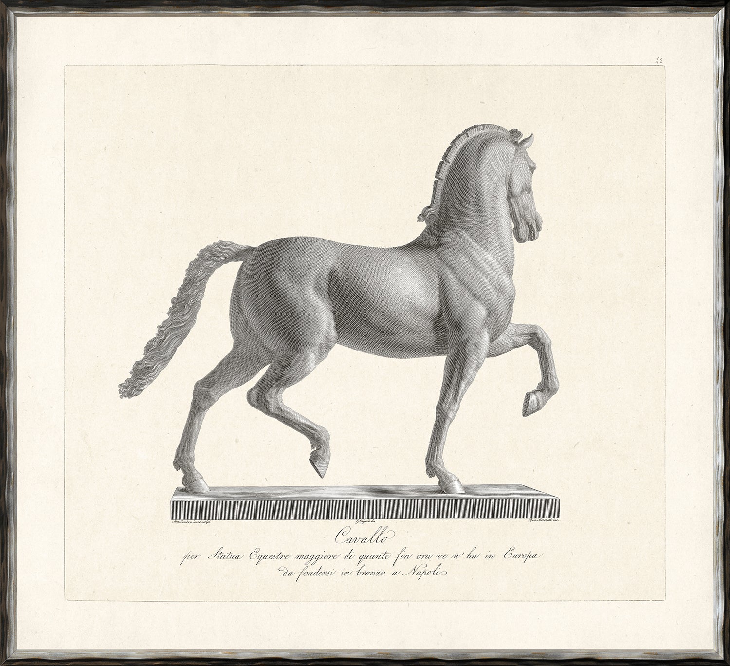 Cavallo Etching 1812 I wall art featuring a detailed horse sculpture in gray tones on a cream background.
