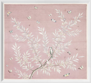 Spring Time Chinoiserie II wall art featuring pink background, white leaves, butterflies, and a bird.