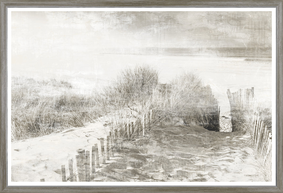 Beach Side Memory wall art featuring a serene beach path in soft sepia tones.