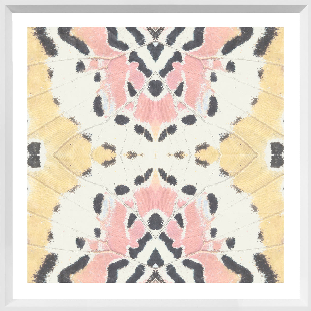 Wing Detail I wall art featuring a symmetrical butterfly wing pattern in soft pink, yellow, and black.