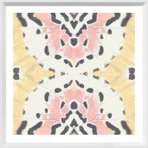 Wing Detail I wall art featuring a symmetrical butterfly wing pattern in soft pink, yellow, and black.