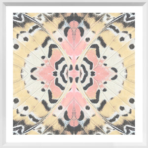 Wing Detail II wall art featuring a butterfly wing pattern in pink, yellow, and black tones.