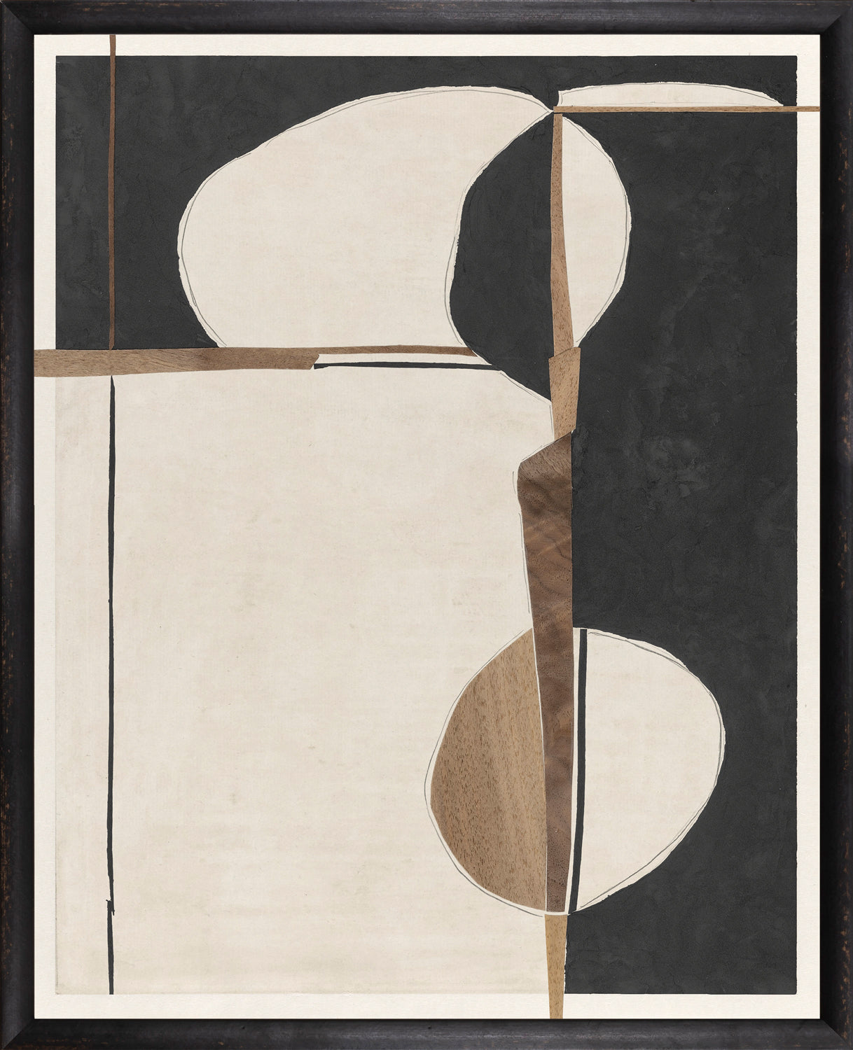 Contempo II wall art featuring abstract shapes in black, cream, and wood tones with a modern design.