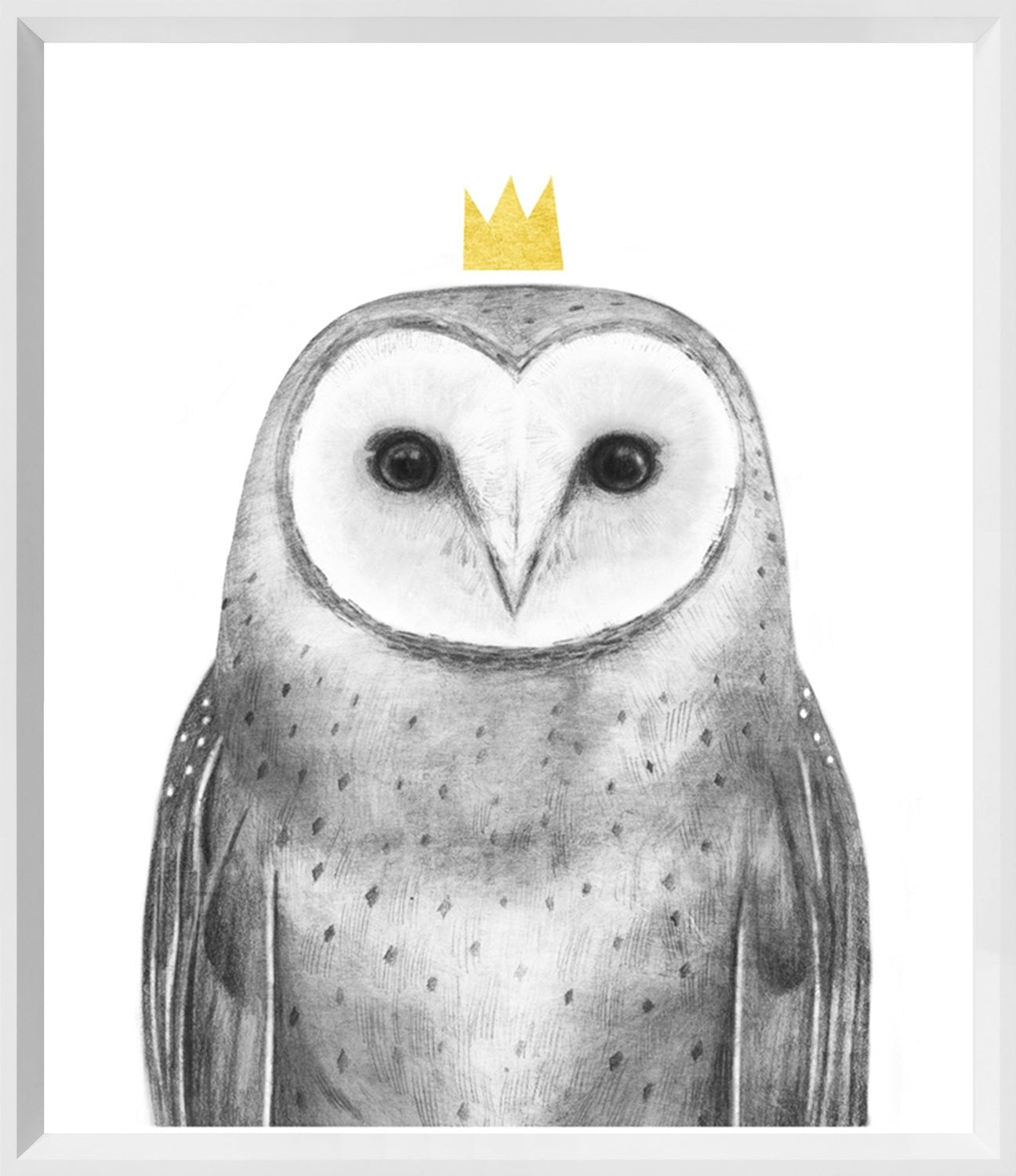 Royal Forester II wall art featuring a detailed owl with a gold crown on a white background.