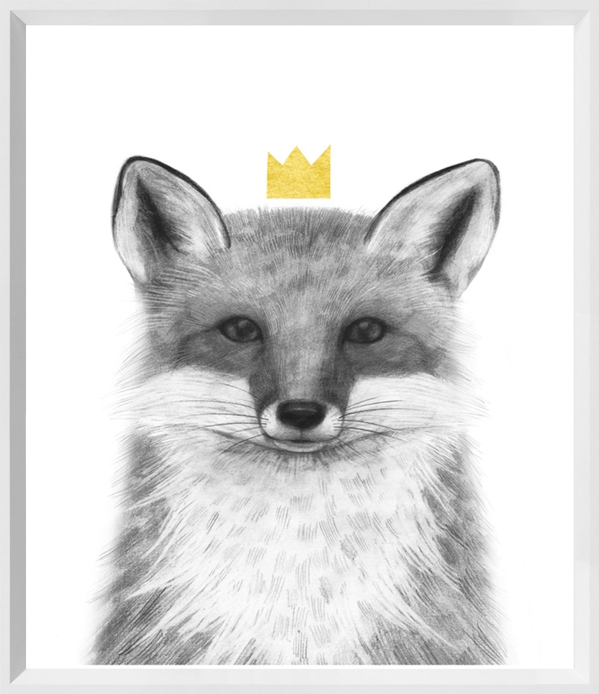 Royal Forester III wall art featuring a fox with a gold crown on a white background