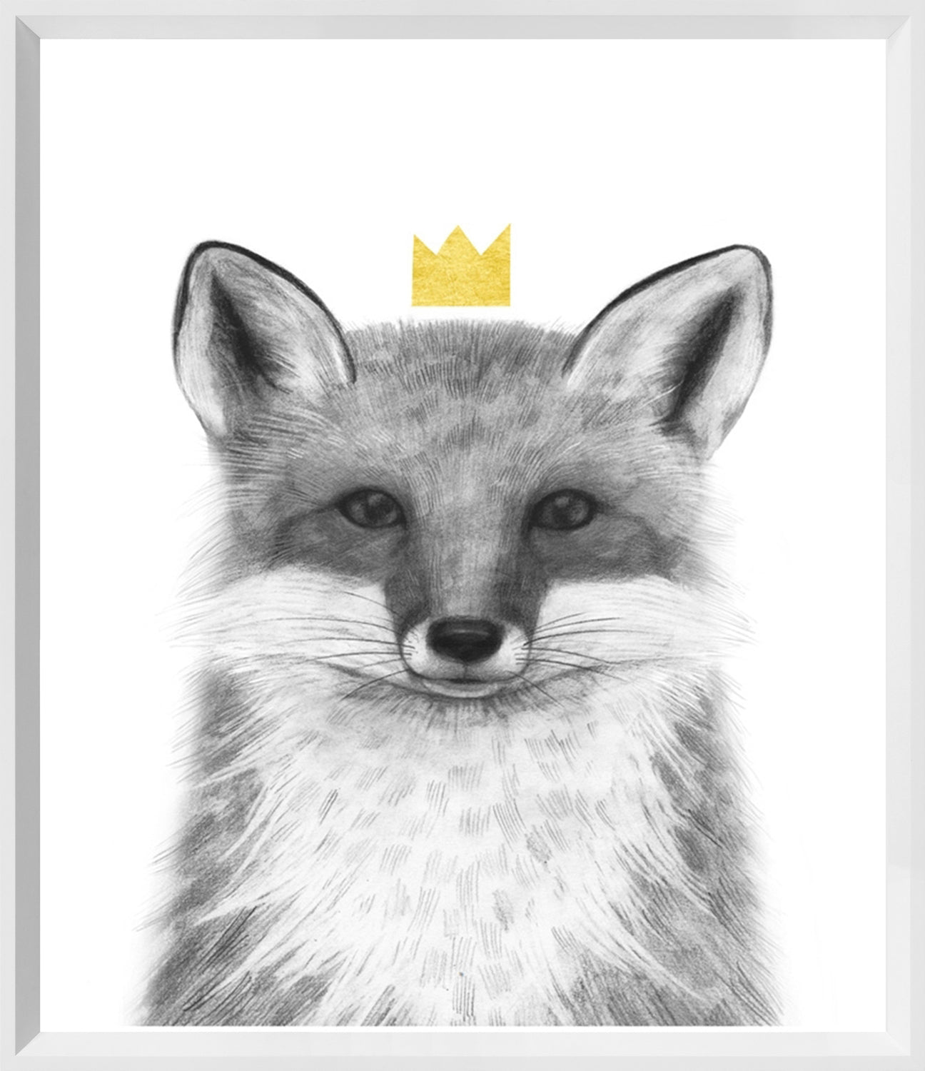 Royal Forester III wall art featuring a fox with a gold crown on a white background