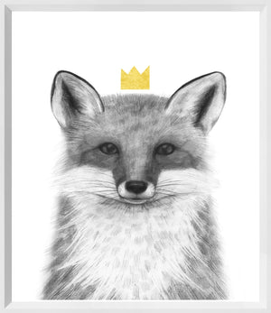 Royal Forester III wall art featuring a fox with a gold crown on a white background