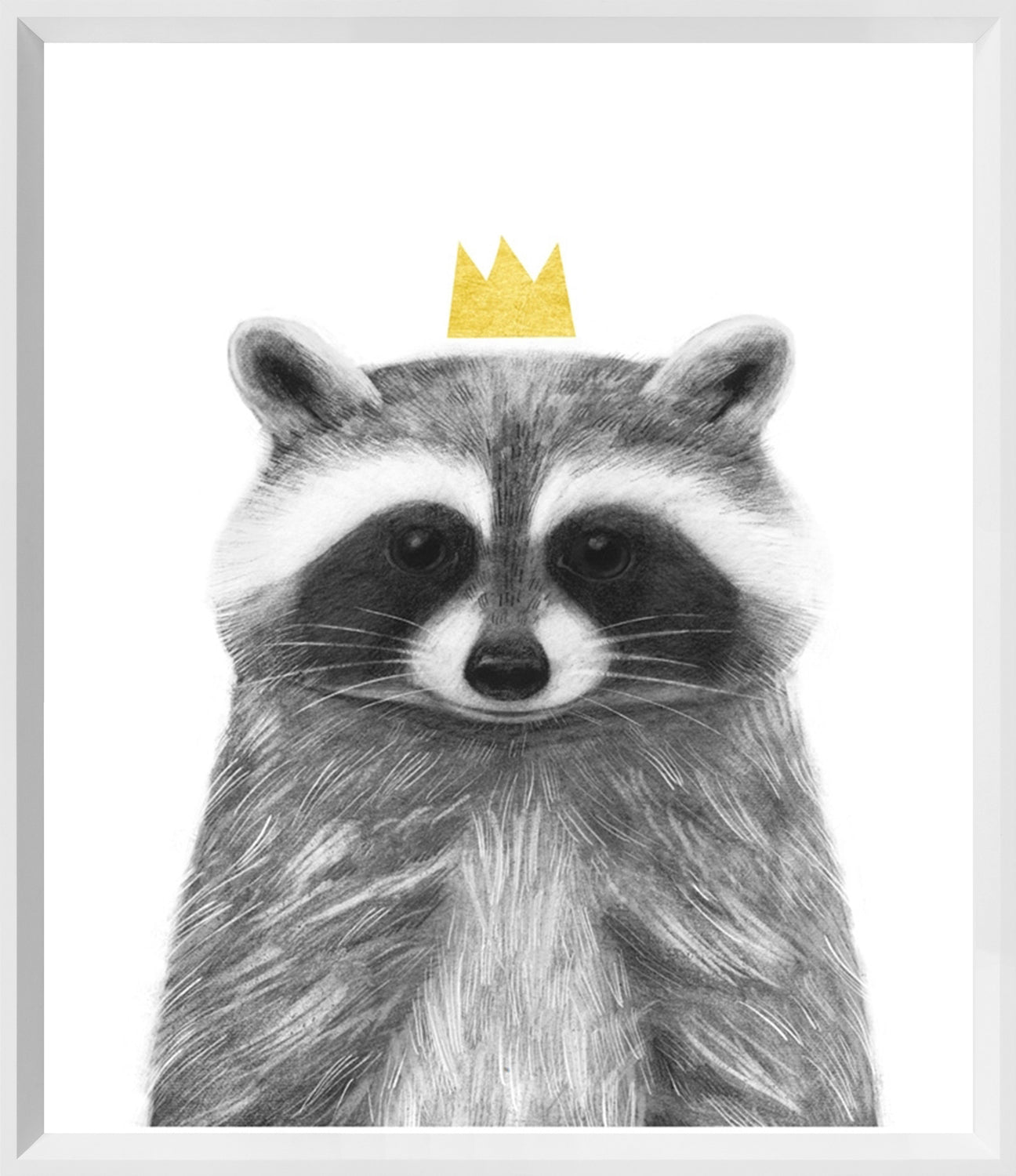 Royal Forester IV wall art featuring a raccoon with a gold crown on a white background.
