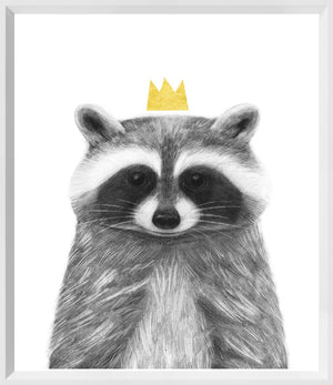 Royal Forester IV wall art featuring a raccoon with a gold crown on a white background.