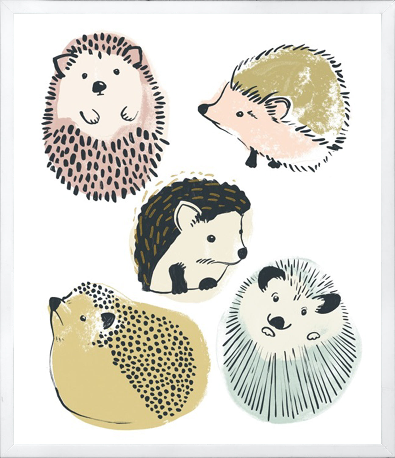 Prickle Pals I wall art featuring five illustrated hedgehogs in various colors and styles on a white background.