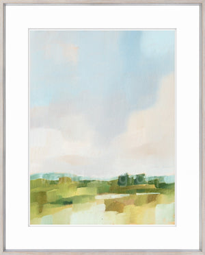 Spring Skies I wall art featuring soft blue and green abstract landscape