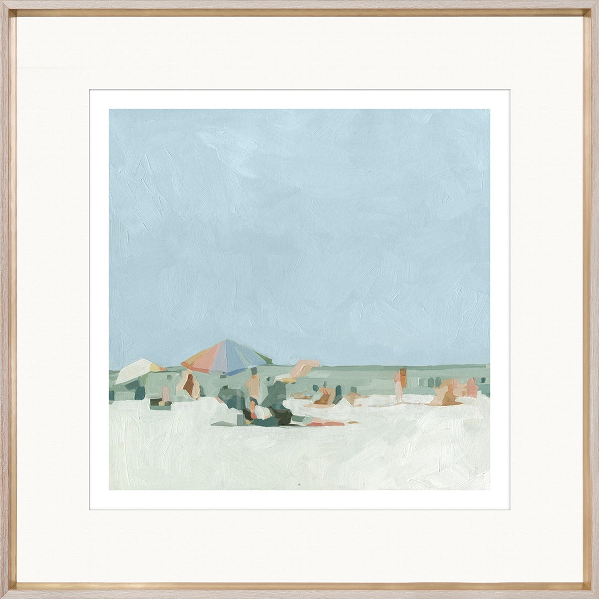 Summer Palette I wall art featuring a beach scene with umbrellas and people, soft pastel colors.