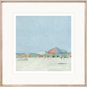 Summer Palette II wall art featuring a beach scene with colorful umbrellas and a blue sky.