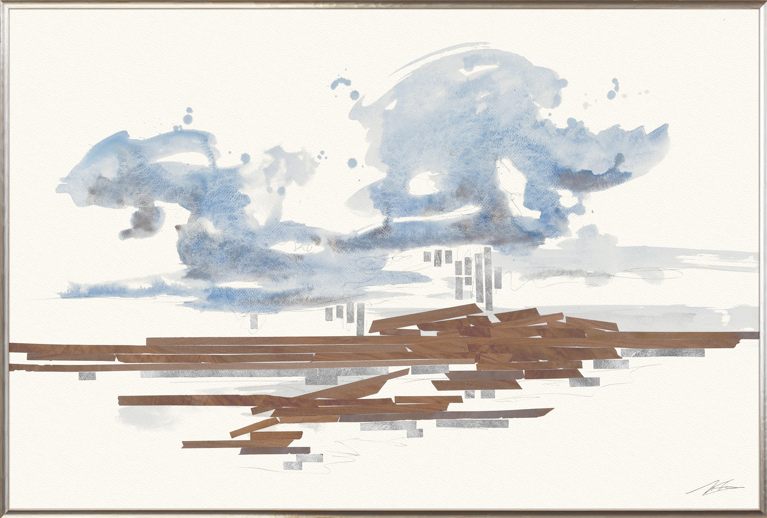 Floodplain I wall art featuring abstract blue and brown watercolor design on textured paper