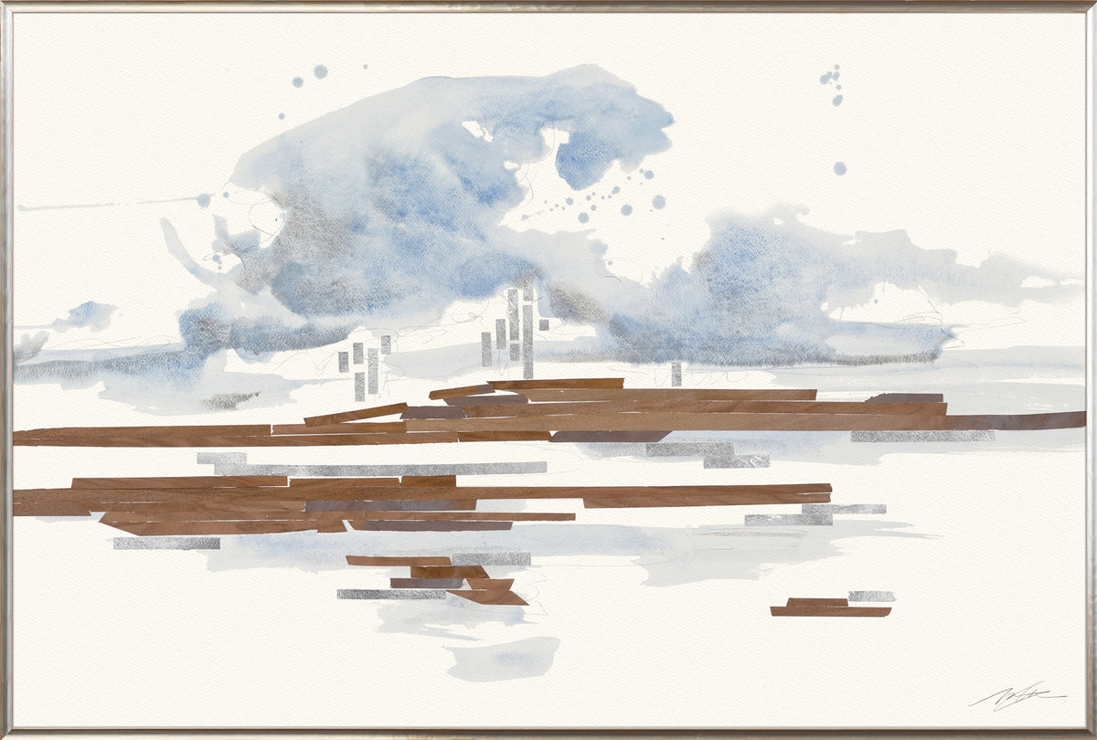 Floodplain II wall art featuring abstract watercolor design in blue and brown tones