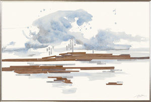Floodplain II wall art featuring abstract watercolor design in blue and brown tones
