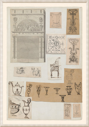 Pierre Fontaine Collection VI wall art featuring sketches of classical designs and decorative elements.