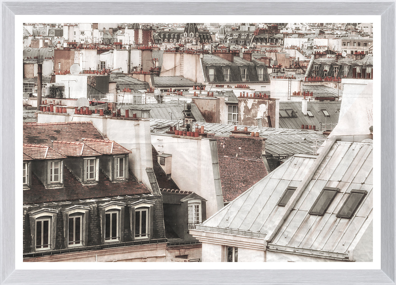 Terra Cotta Rooftops – Paris II wall art featuring Parisian rooftops with red chimneys and slate roofs.