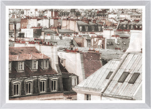 Terra Cotta Rooftops – Paris II wall art featuring Parisian rooftops with red chimneys and slate roofs.