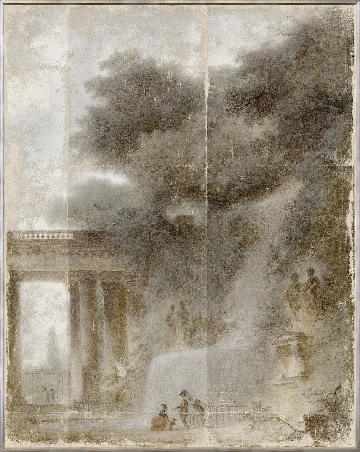 Fragonard – The Cascade wall art featuring a serene landscape with a waterfall and figures in muted tones.
