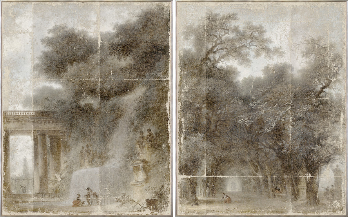 Fragonard – Diptych wall art featuring a serene landscape with trees and classical architecture.
