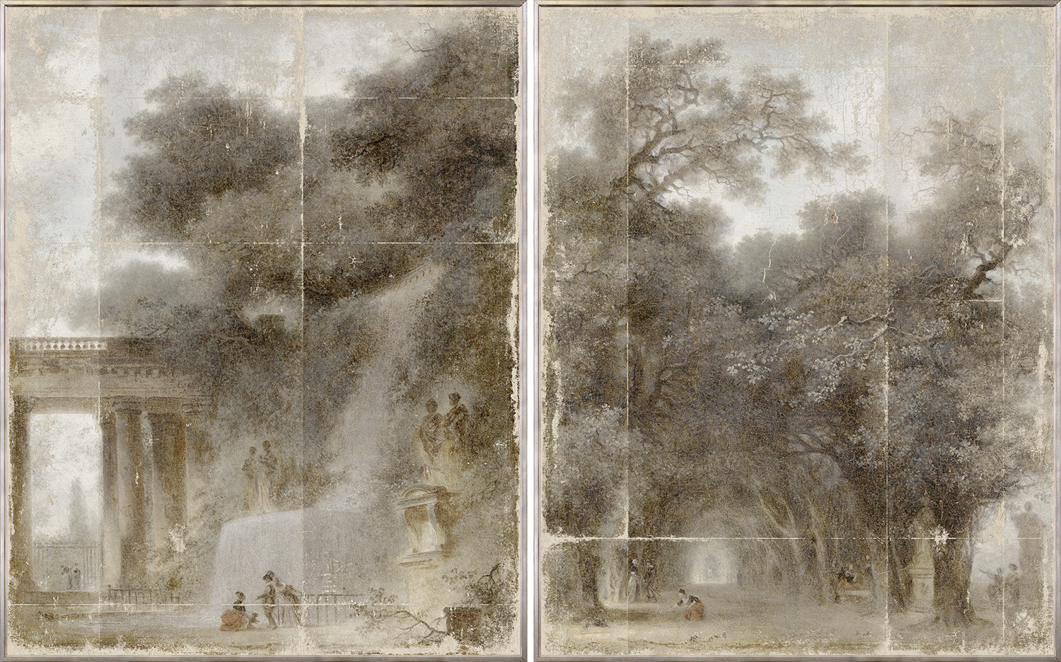 Fragonard – Diptych wall art featuring a serene landscape with trees and classical architecture.
