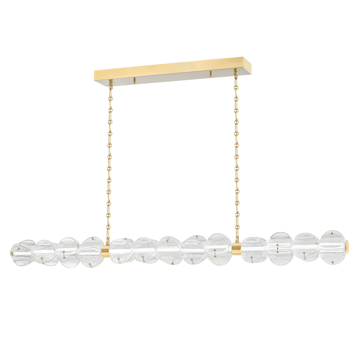 Lindley Linear in Aged Brass — a Hudson Valley linear for dining rooms, kitchen islands, and long consoles at Laurie Yapp Home.