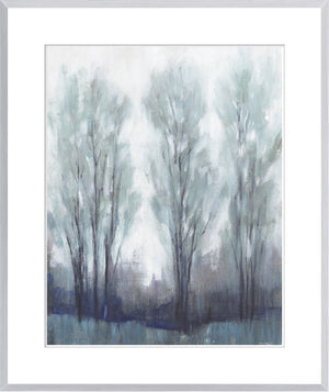Through the Clearing I wall art featuring abstract trees in soft blue and gray tones