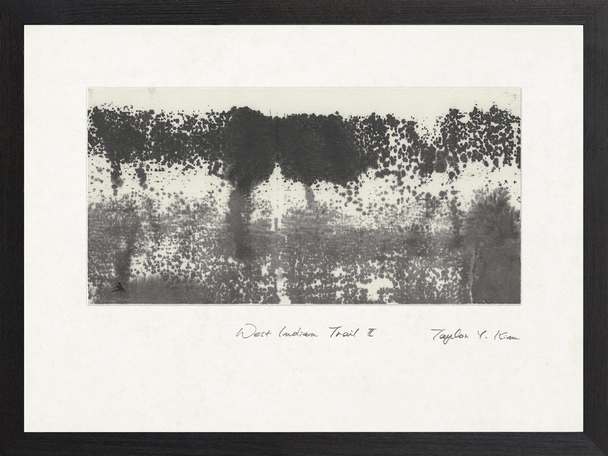 West Indian Trail II wall art featuring abstract black and white design with textured patterns.