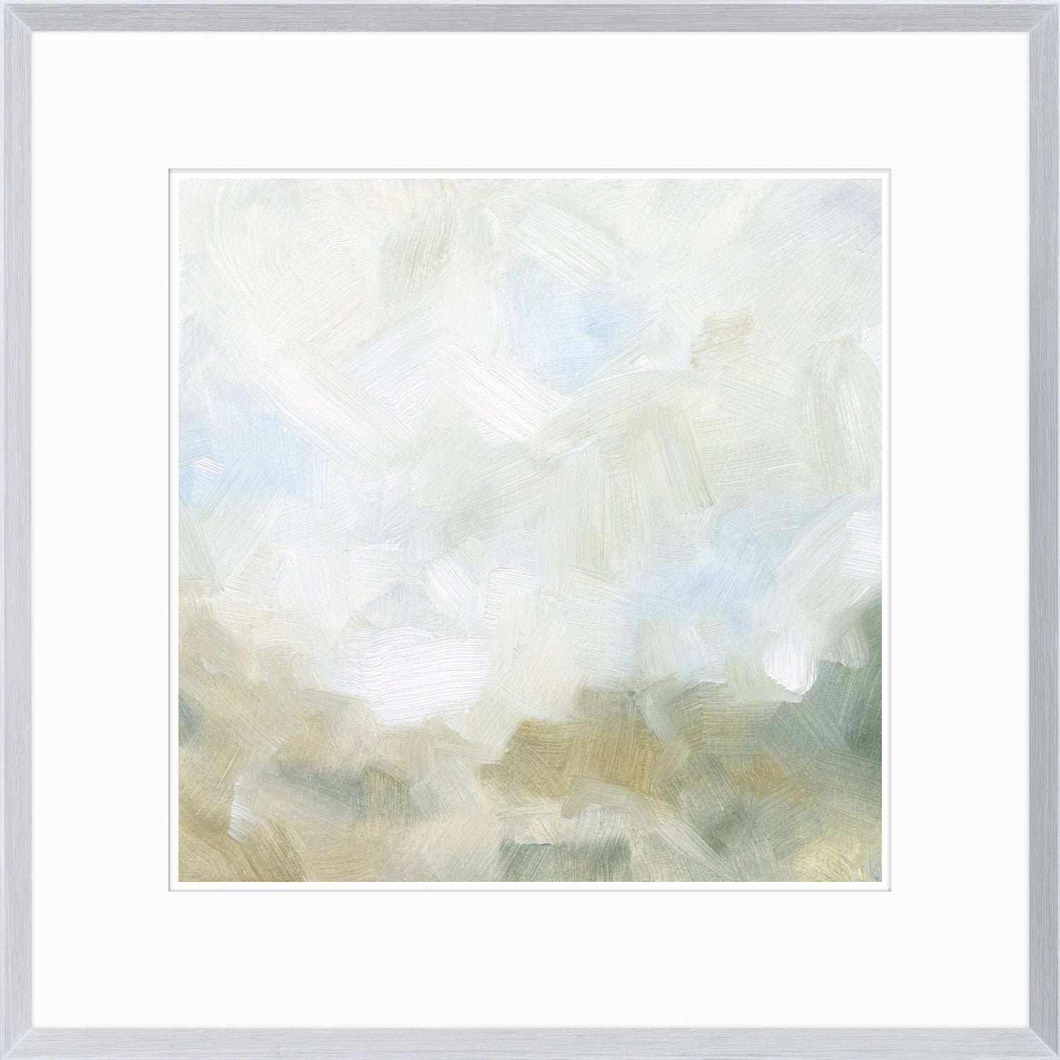 Distant Haze II wall art featuring soft abstract brush strokes in light blues and greens.