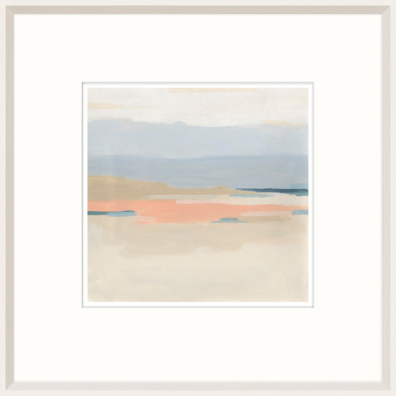Coastal Calm II wall art featuring soft pastel colors and abstract landscape design in a white frame.