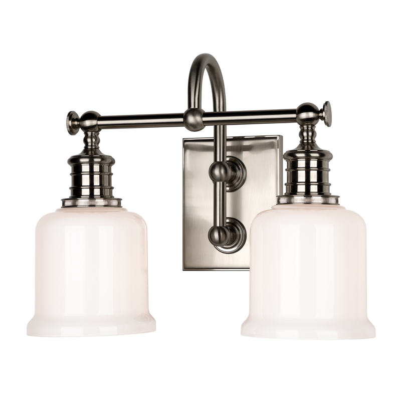 Close-up of the Keswick Bath And Vanity 13.5" in satin nickel showing the arm spread and shade silhouette.