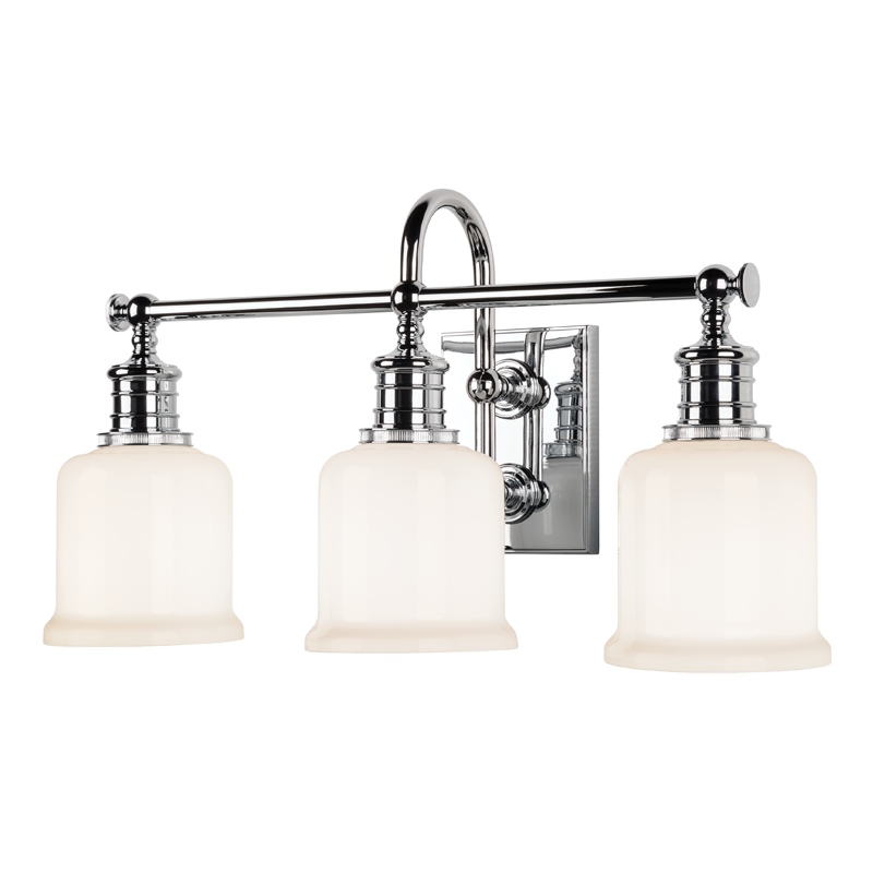 Keswick Bath And Vanity 21" in polished chrome shown from the front to reveal the arm spread and shade silhouette.
