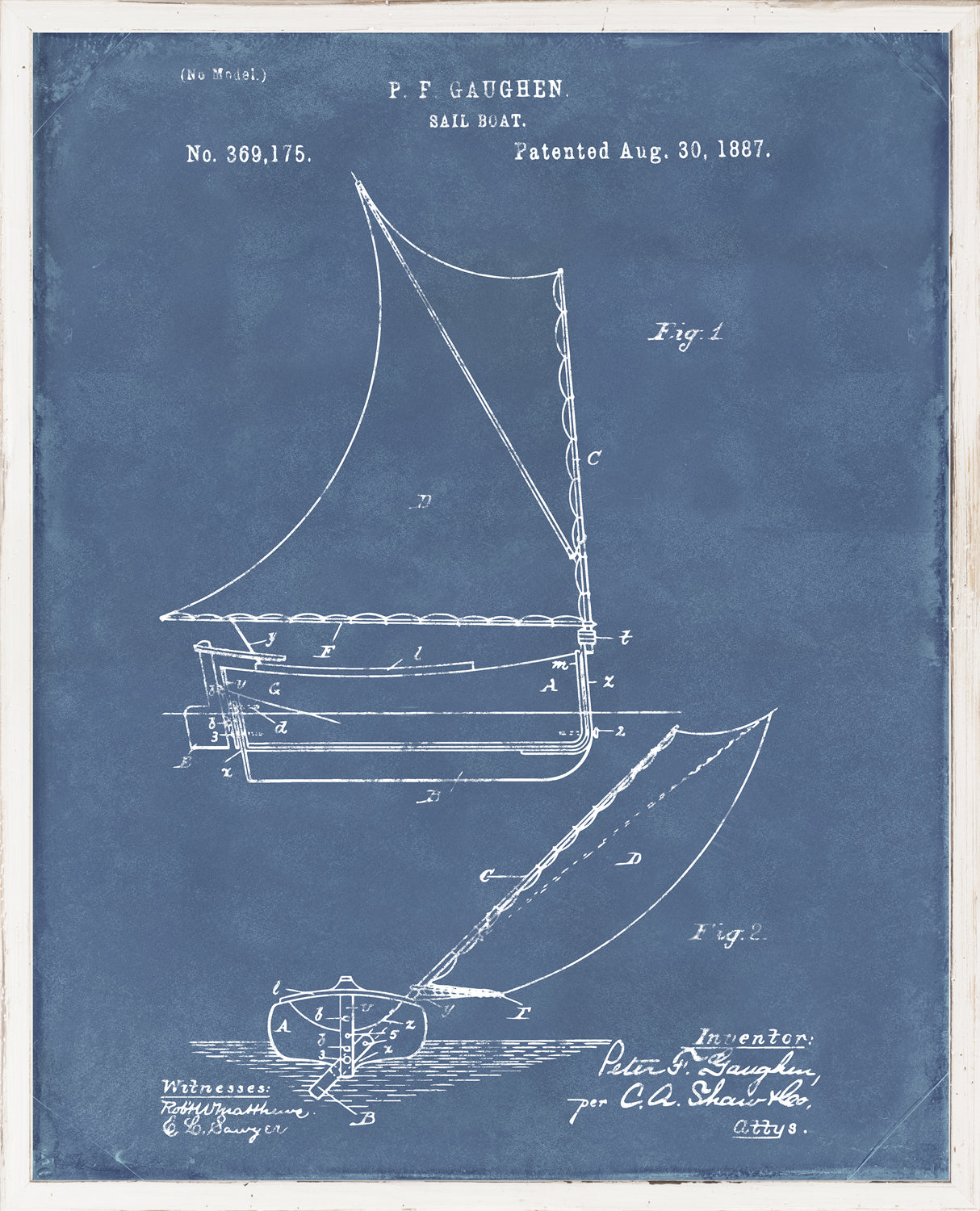 Patent Sailboat wall art featuring a vintage design on a blue background with white sketches.