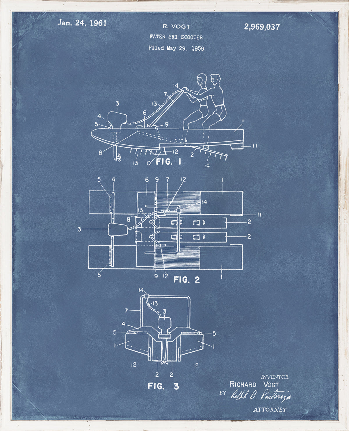 Patent for Water Ski Scooter by R. Vogt, featuring detailed diagrams on a blue background.