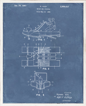 Patent for Water Ski Scooter by R. Vogt, featuring detailed diagrams on a blue background.