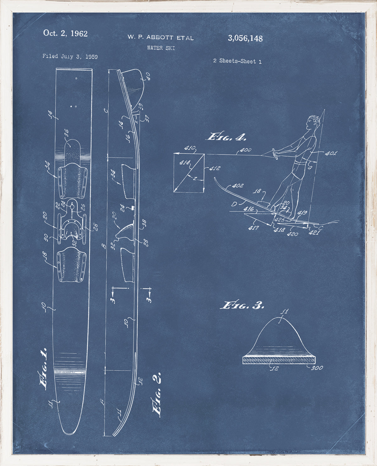 Patent – Water Ski II wall art featuring a blueprint design in blue with water ski illustrations and measurements.