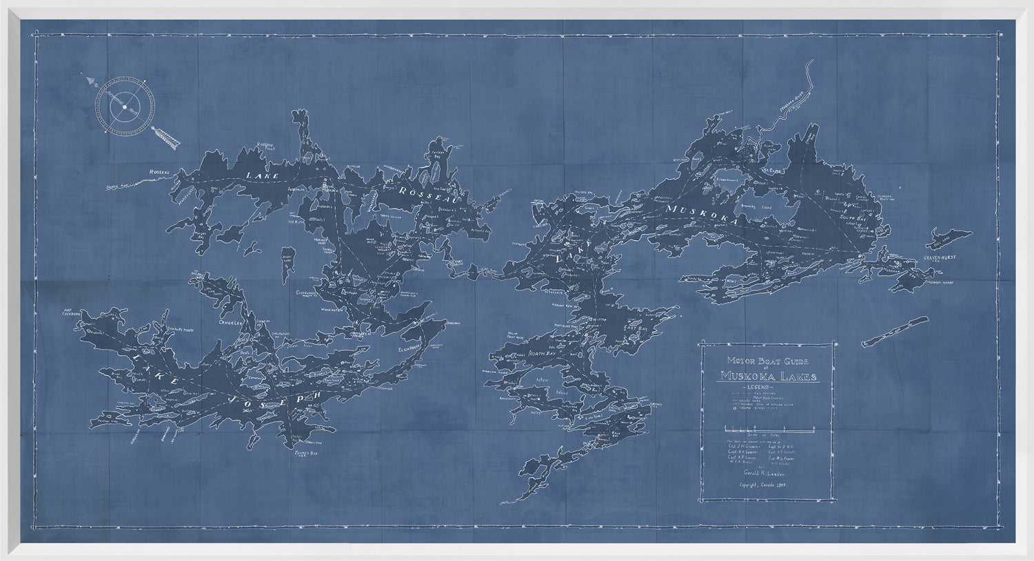 Motorboat Guide of Muskoka Lakes map in blue with white details and text