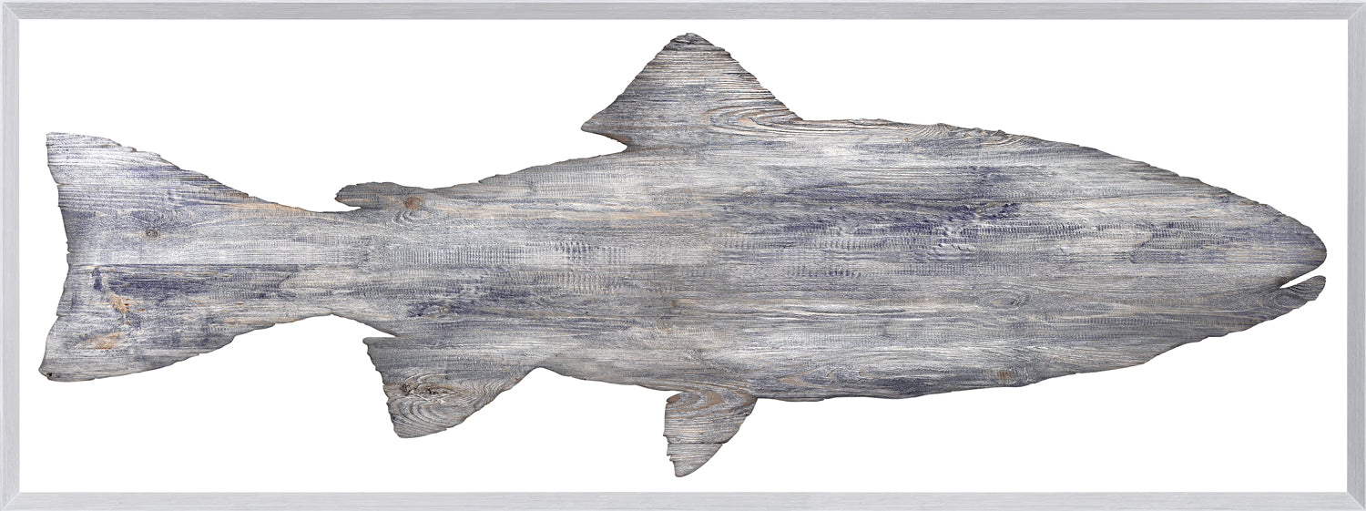 Driftwood Trout wall art featuring a rustic fish design in gray wood texture