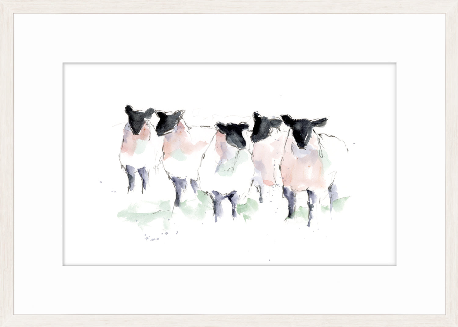 Watercolour Sheep I wall art featuring five sheep with black heads and soft pastel bodies