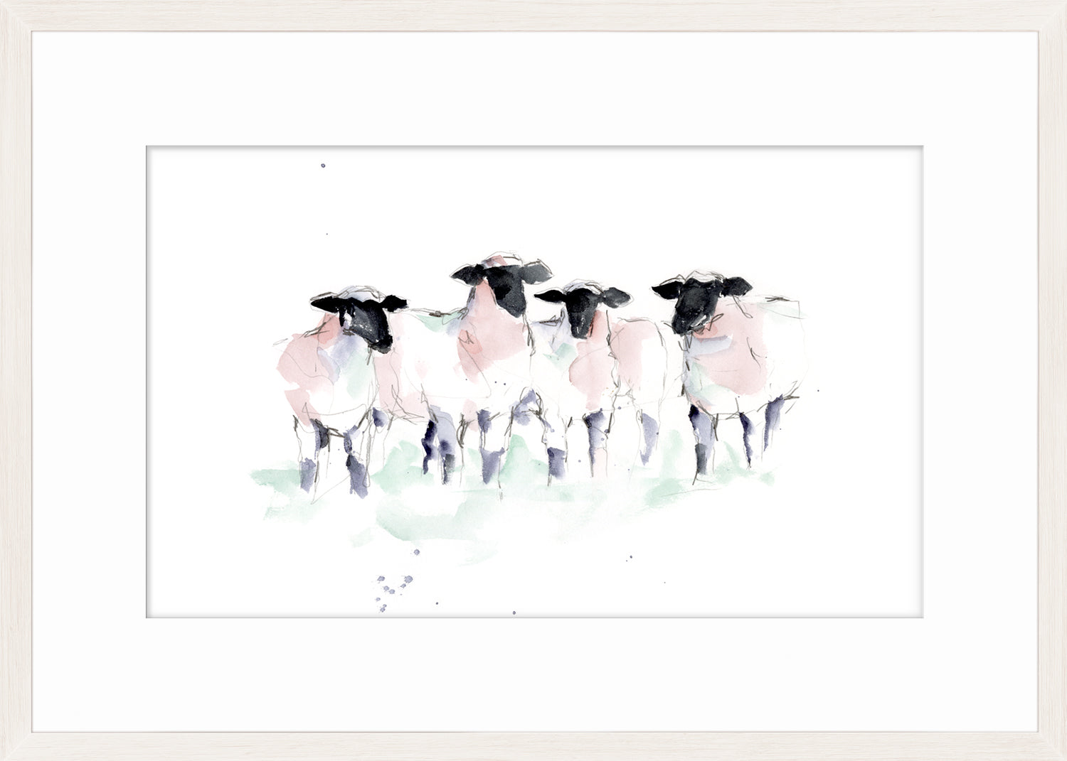Watercolour Sheep II wall art featuring four sheep in soft pink and black tones on a white background.
