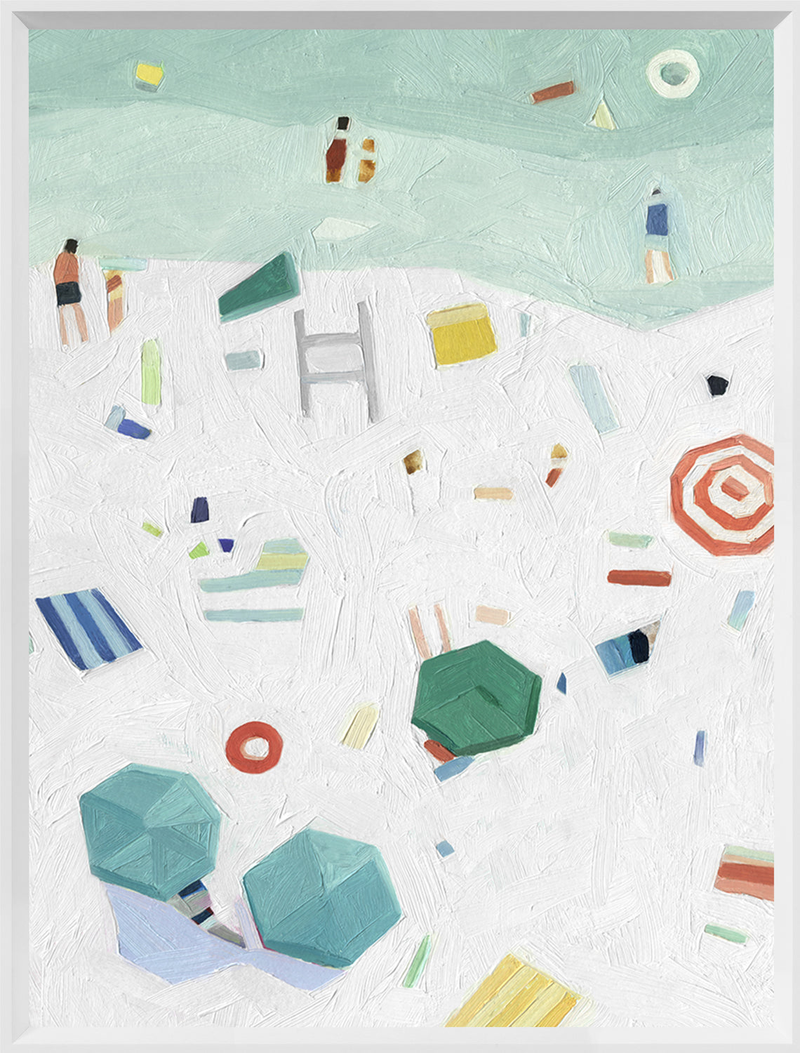 Beach Vista I wall art featuring abstract beach scene with colorful umbrellas and figures