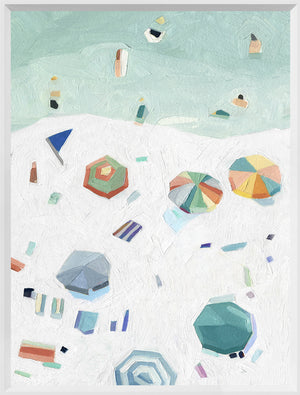 Beach Vista II wall art featuring a colorful beach scene with umbrellas and water in pastel colors.