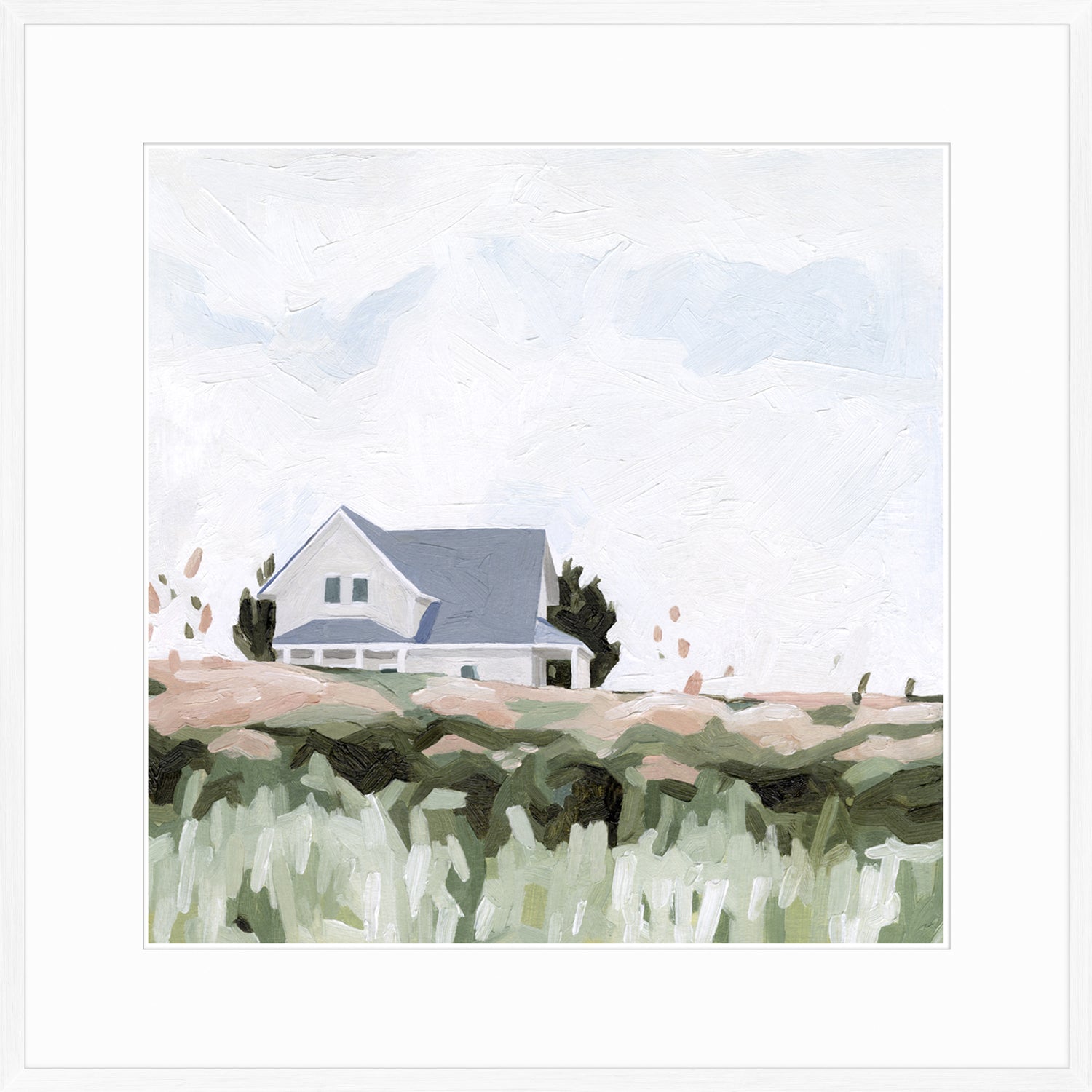 House on a Hill I wall art featuring a light gray house surrounded by greenery and soft pastel colors.