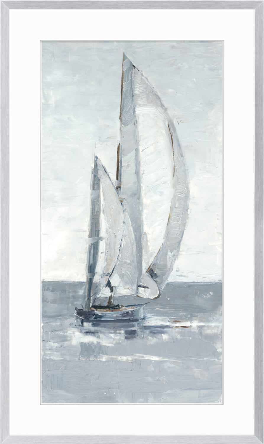 Grey Seas II wall art featuring a sailboat with white sails on a grey sea, framed in white.